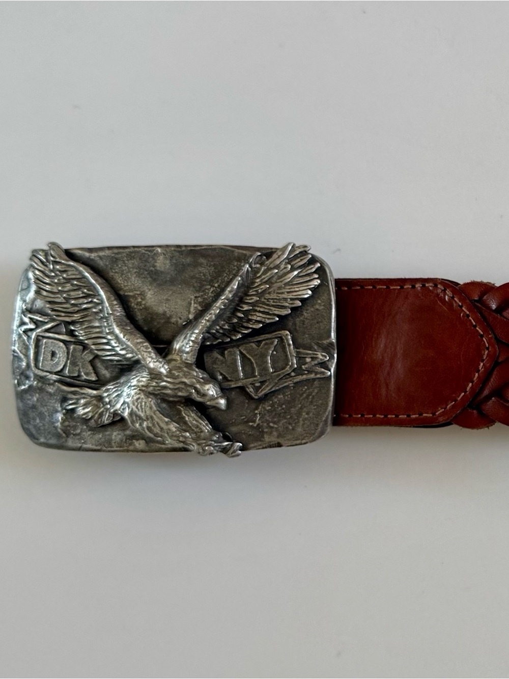 Dkny Red-Brown Braided Leather Belt with Silver Eagle Buckle